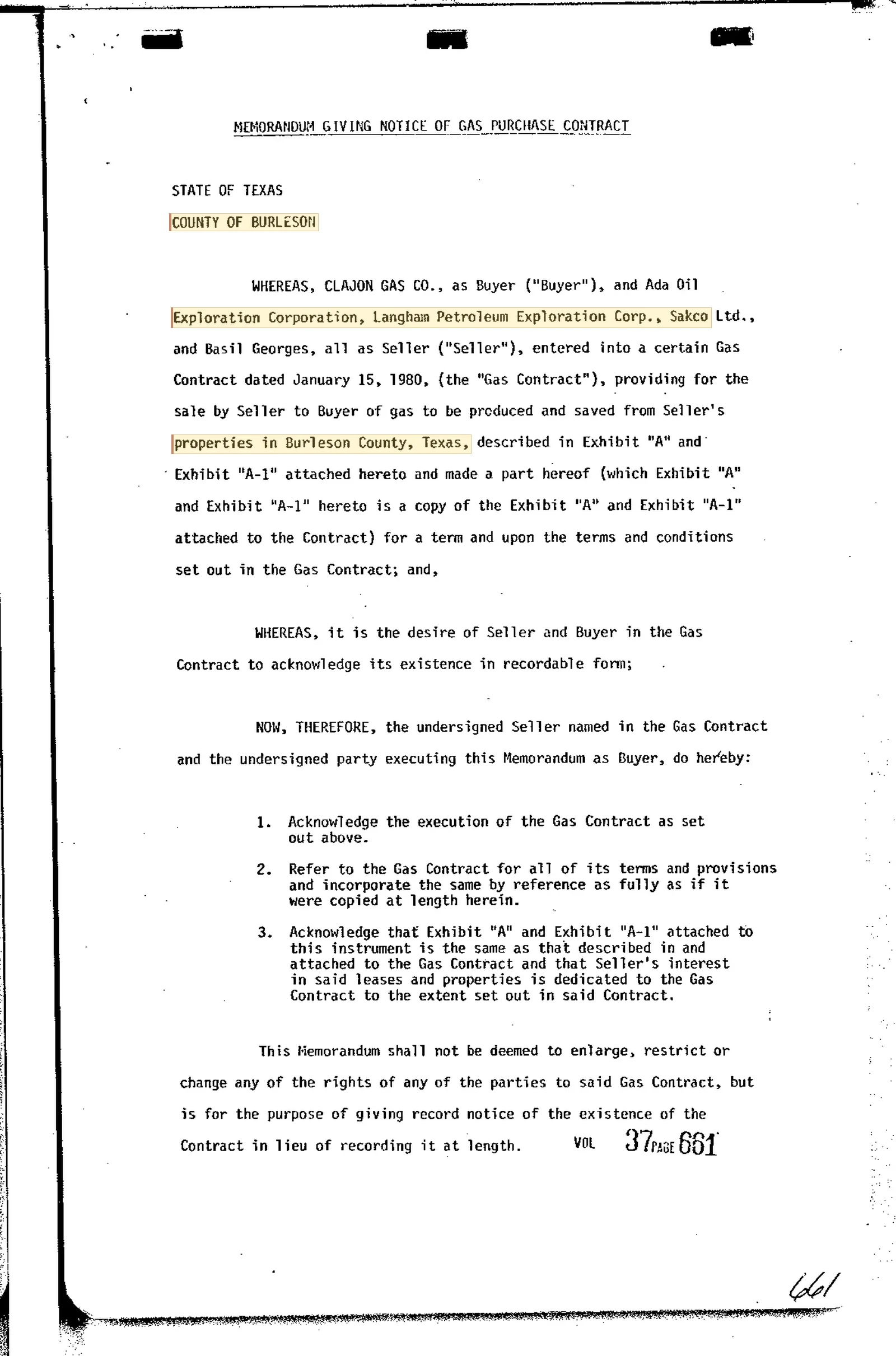 Ada Oil Exploration Corp. - Recorded Memo Contr (Vol. 37, Page 661)